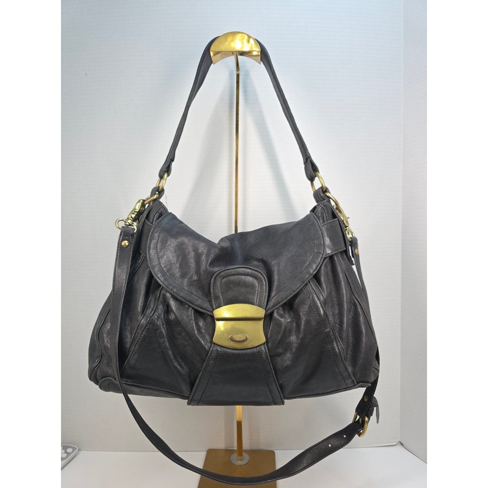 Kooba Black Leather Shoulder Bag Brass Hardware Slouchy Hobo Flap Handbag